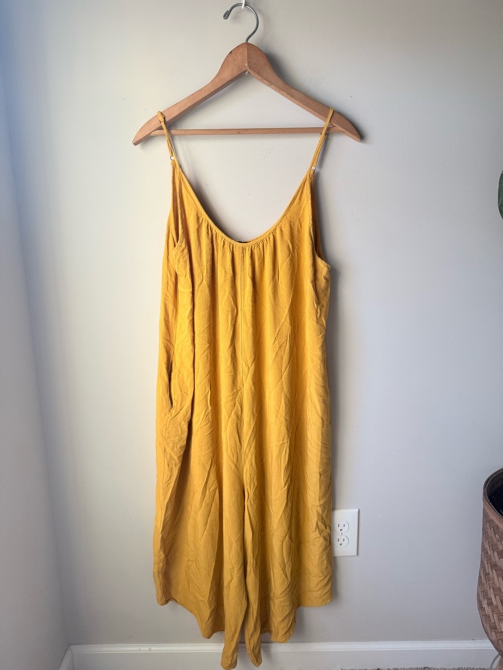 Shinestar Gold Mustard Yellow Romper Jumpsuit Adjustable Straps Wide Leg Pockets - Picture 2 of 5